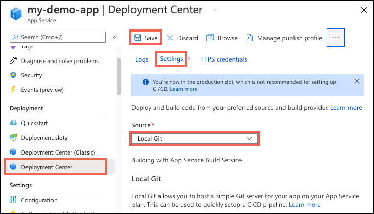 Mostra como habilitar a implantação local do Git para o Serviço de Aplicativo no portal do Azure