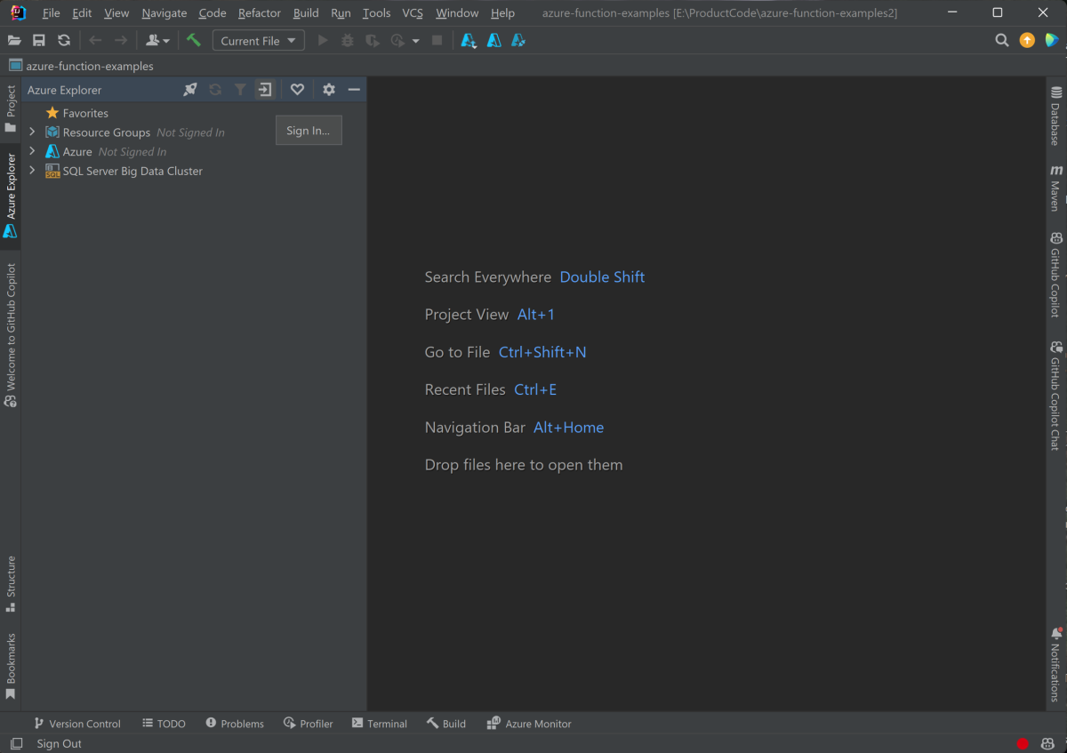 O comando IntelliJ Azure Sign In.