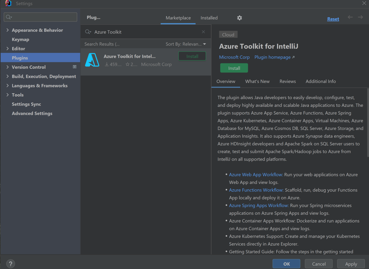 Kit de Ferramentas do Azure para plug-in IntelliJ no Marketplace.