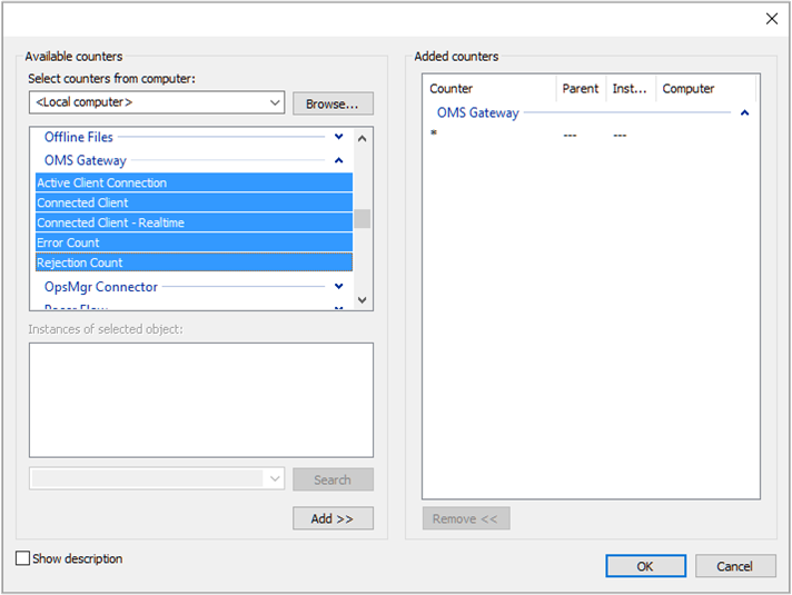 Captura de tela da interface do gateway do Log Analytics, mostrando contadores de desempenho