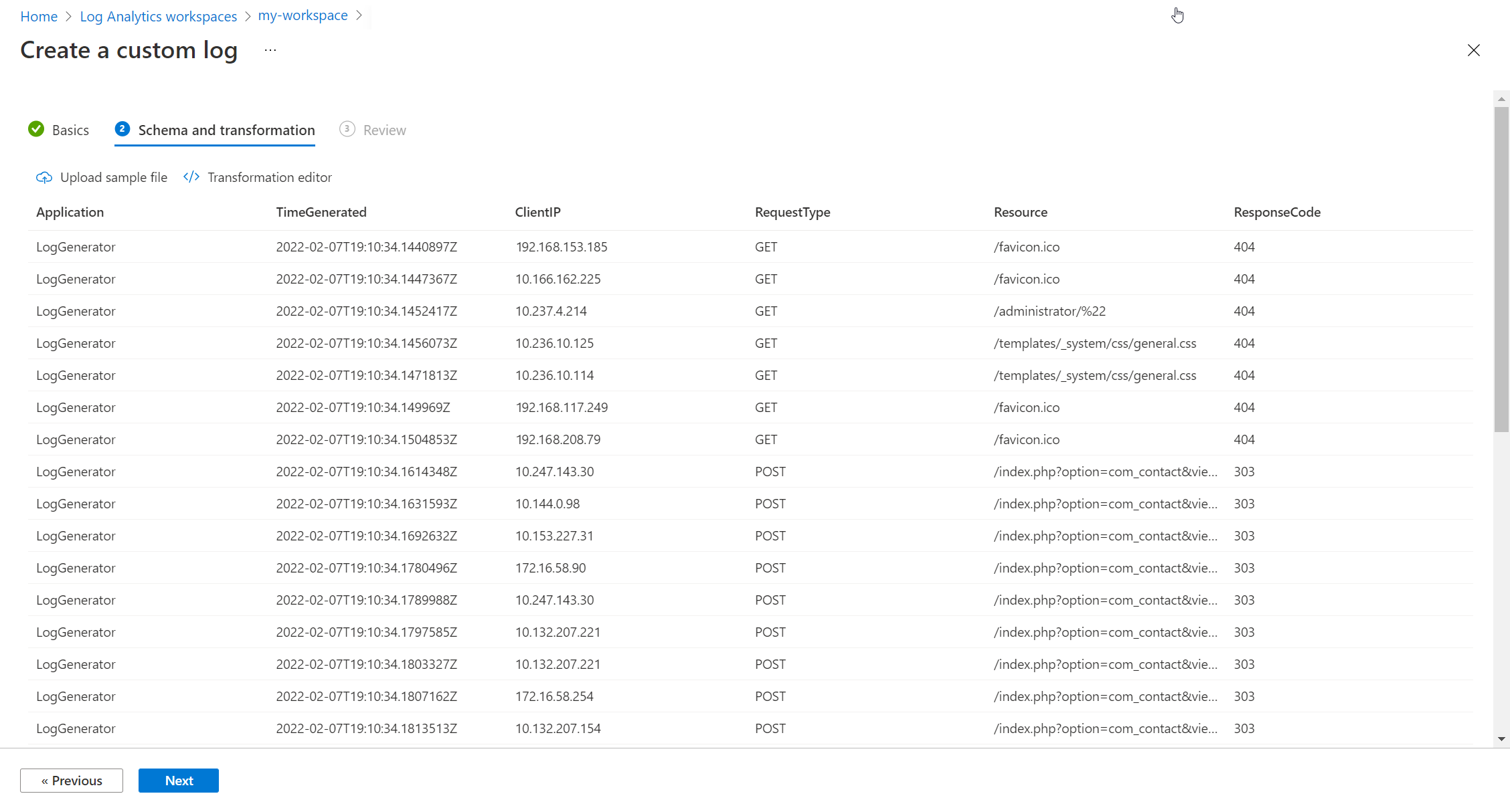 Captura de tela mostrando o esquema final do log personalizado.