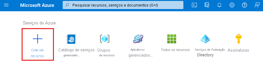 Captura de ecrã da home page do Azure com Criar um recurso realçado.