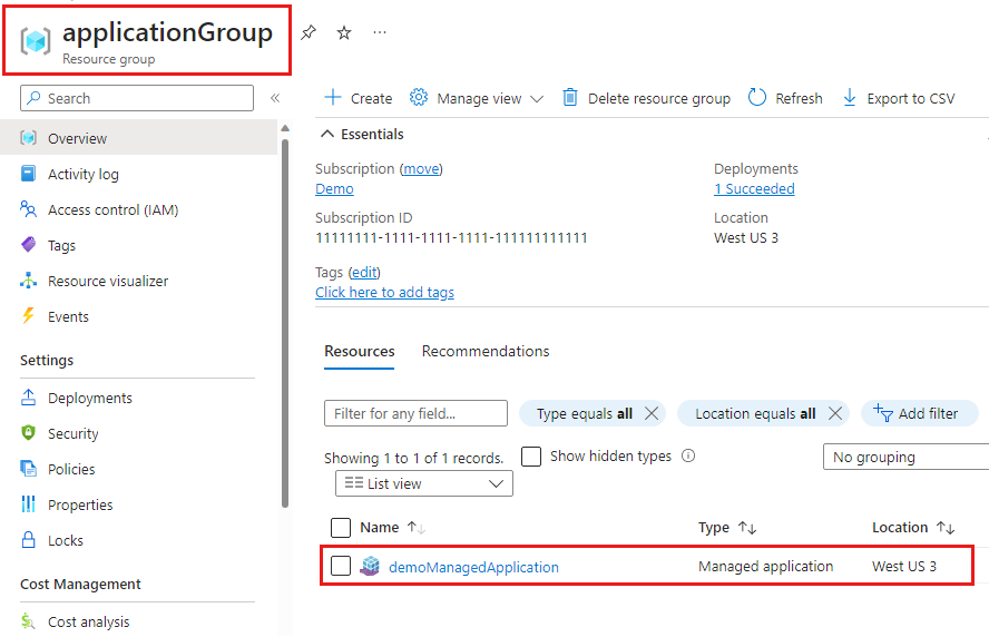 Captura de tela que mostra o grupo de recursos que contém o aplicativo gerenciado.