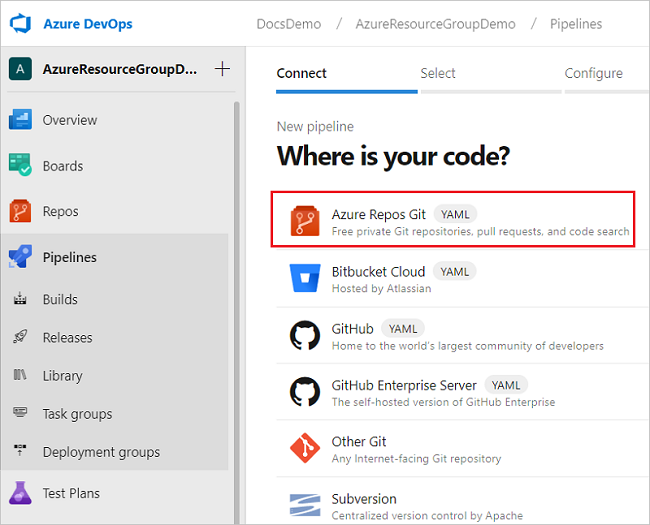 Captura de ecrã a mostrar a seleção da origem de código no Azure DevOps