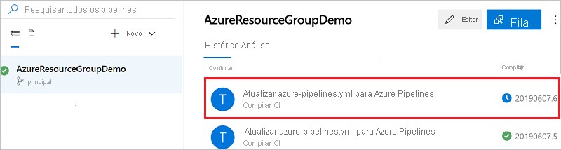 Captura de ecrã da vista de resultados de pipeline no Azure DevOps