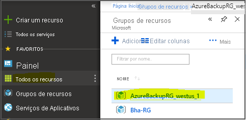 A captura de tela mostra como selecionar o grupo de recursos.
