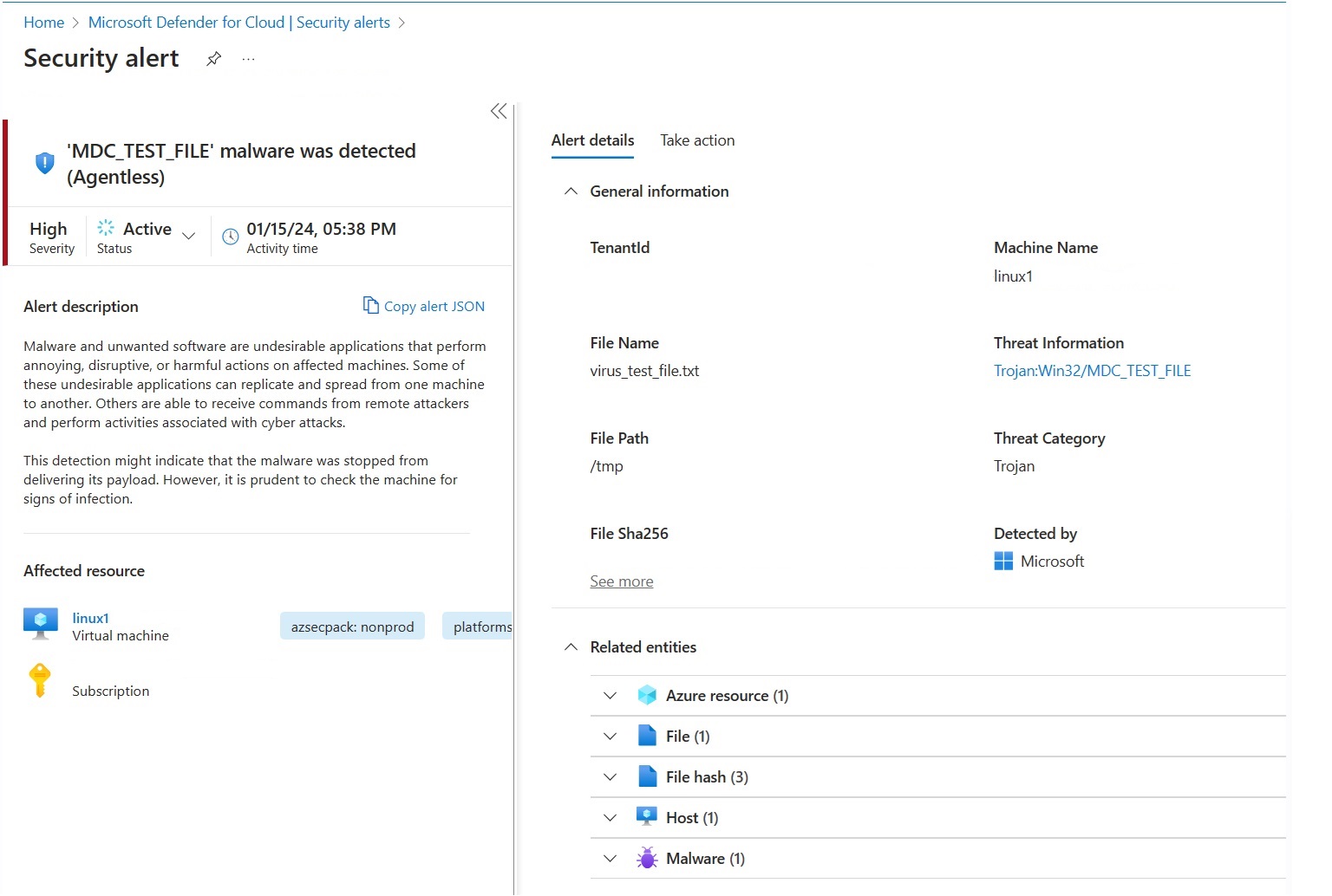 Captura de tela do alerta de teste que aparece no Defender for Cloud para Linux.