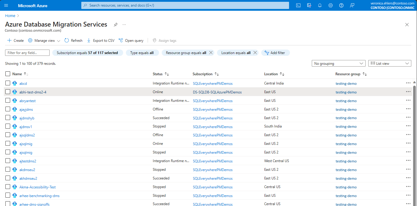 Screenshot that shows Database Migration Service create option.
