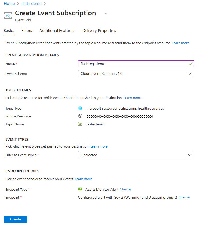 Captura de ecrã que mostra a página Criar Subscrição de Eventos.
