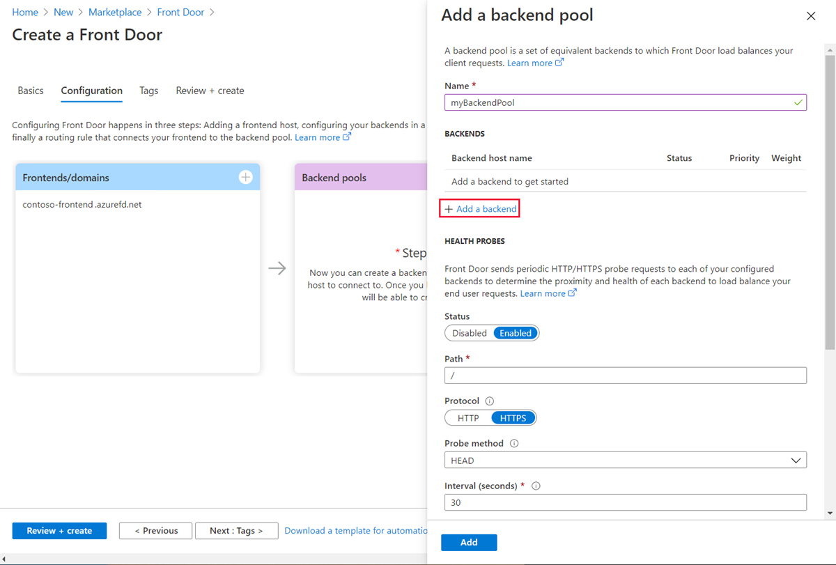 Adicione um pool de back-end.