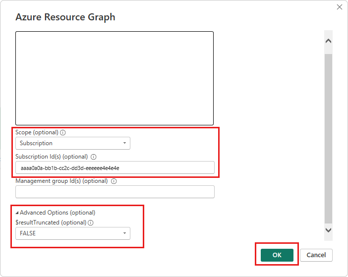 Captura de ecrã da caixa de diálogo Power BI Desktop Azure Resource Graph para uma consulta utilizando definições opcionais para âmbito, ID de subscrição e $resultTruncated.