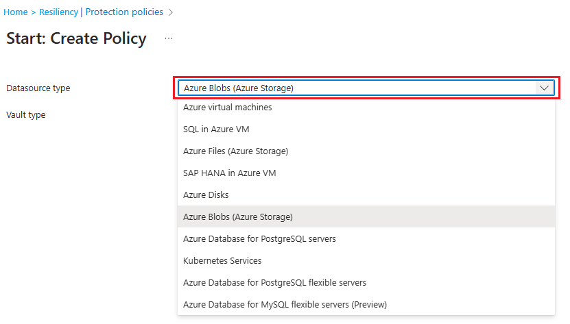 A captura de tela mostra como selecionar o tipo de fonte de dados para backup de blob em cofre.