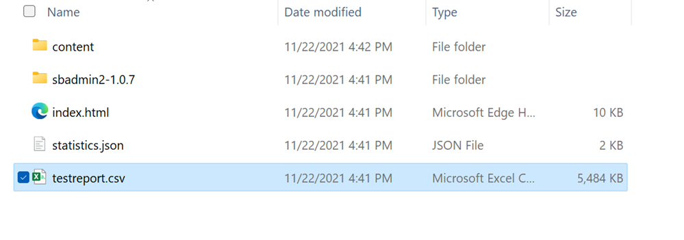 Captura de tela que mostra o arquivo zip dos resultados do teste na lista de downloads.