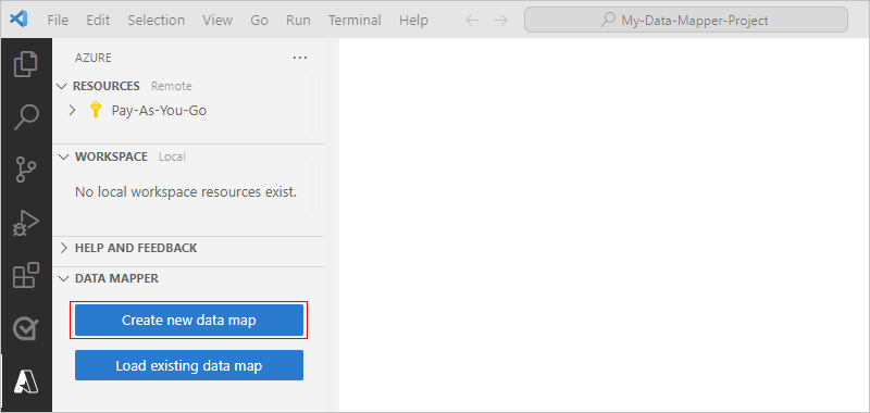 Screenshot showing Visual Studio Code with Data Mapper tool, Azure window open, and selected button for Create new data map.