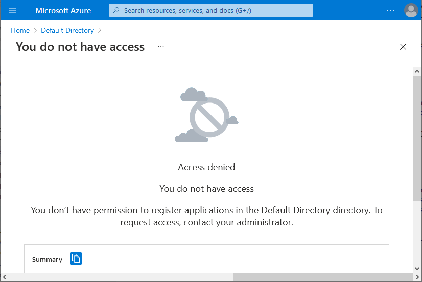 Screenshot of external user can't register applications.