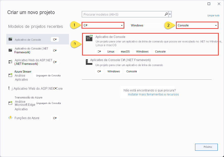 Image showing the Create a new project dialog box with C# and Console selected