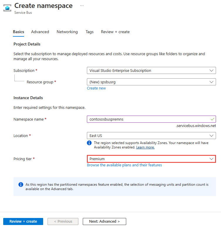 Captura de tela que mostra a seleção da camada premium ao criar um namespace.