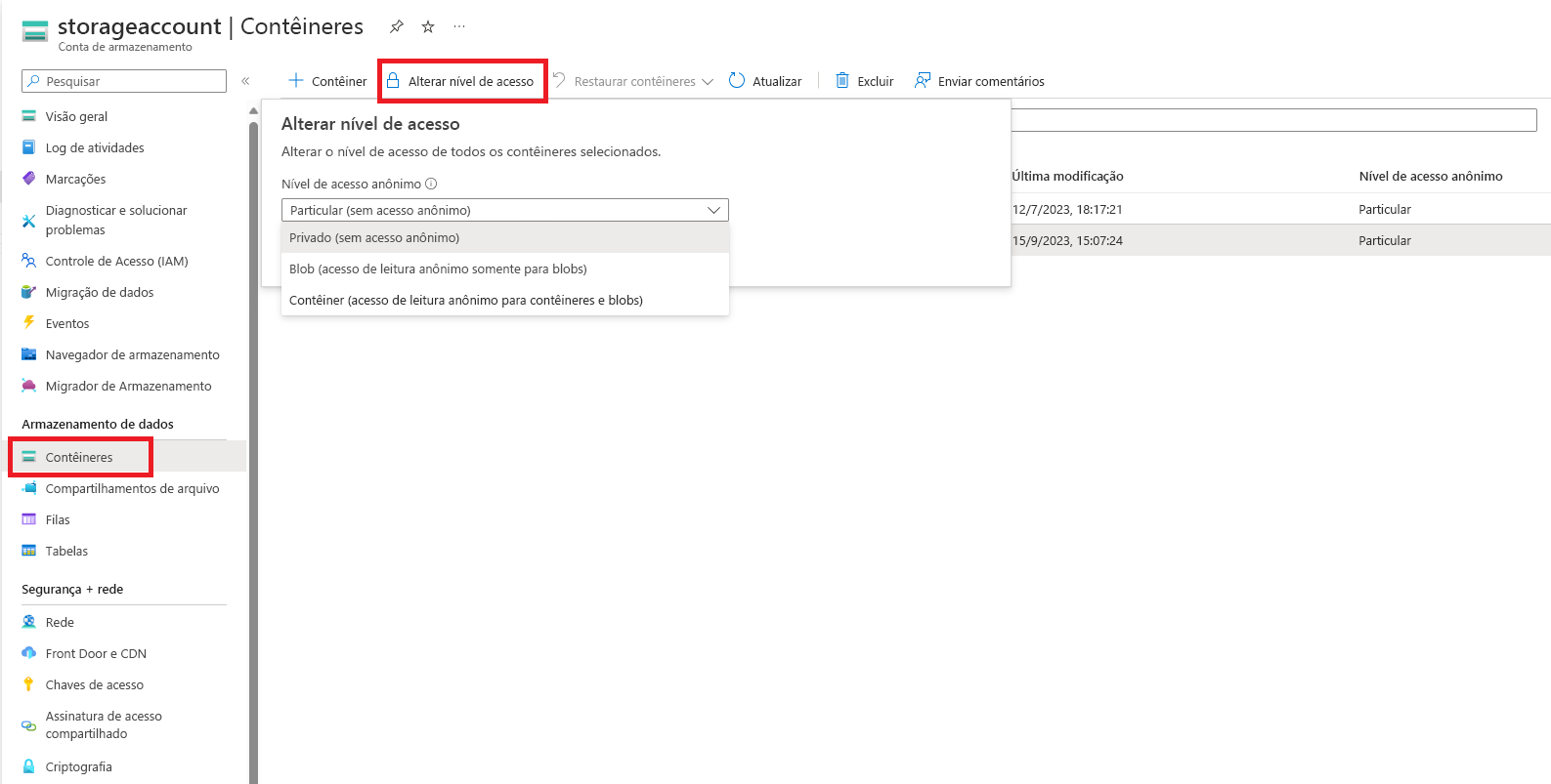 Captura de ecrã a mostrar como definir o nível de acesso anónimo no portal.