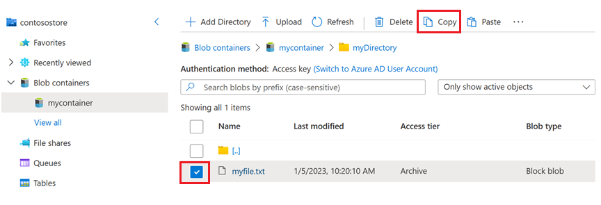 Captura de tela da caixa de seleção ao lado de um blob arquivado e, em seguida, o local do botão de cópia.