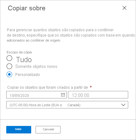 Captura de tela mostrando o escopo de cópia personalizada para replicação de objetos