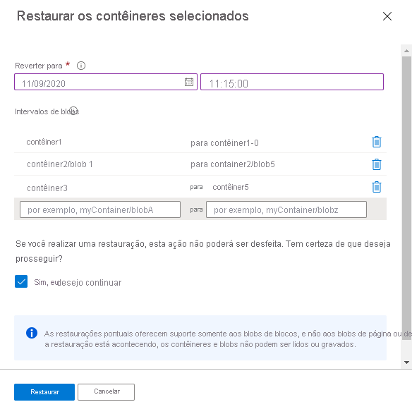 Screenshot showing how to restore ranges of blobs in one or more containers