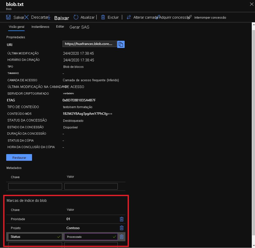 Captura de ecrã do portal do Azure que mostra como obter, definir, atualizar e eliminar etiquetas de índice em blobs.