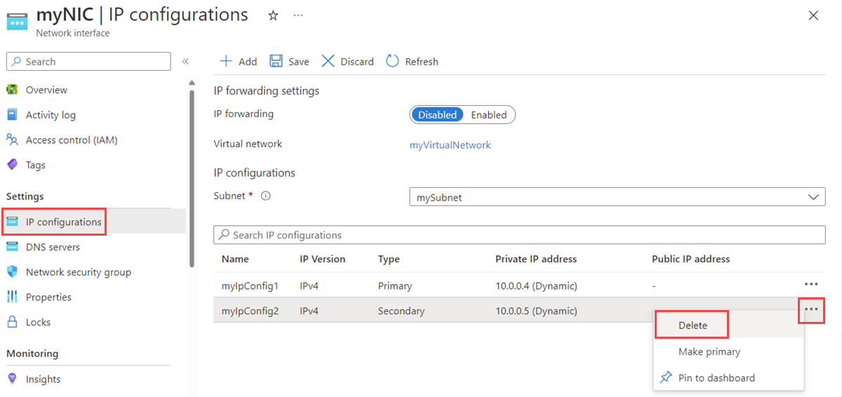 Captura de ecrã a mostrar a eliminação de uma configuração de I P no portal do Azure.