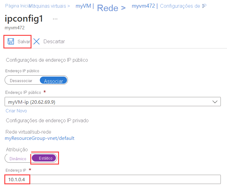 Captura de tela da atribuição estática selecionada.