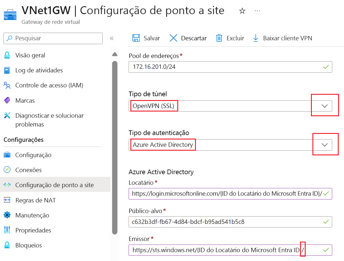 Captura de tela mostrando as configurações para Tipo de túnel, Tipo de autenticação e Configurações de ID do Microsoft Entra.