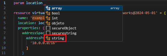 Captura de tela mostrando a adição do tipo de cadeia de caracteres ao parâmetro.