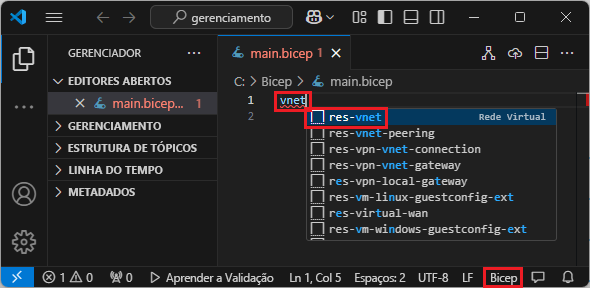 Captura de tela da adição de um trecho para rede virtual.