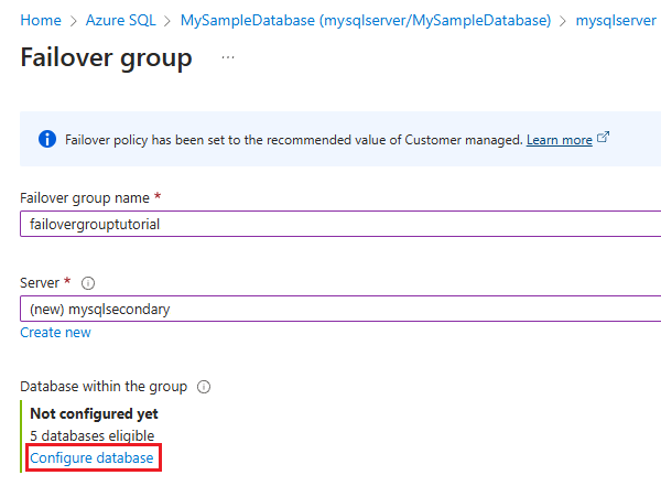 Captura de ecrã do painel de grupo de ativação pós-falha no portal do Azure.