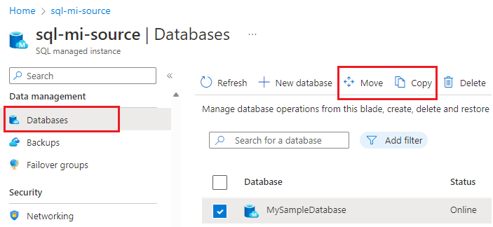 Captura de ecrã da página 'Bases de dados' para a Instância Gerida SQL do Azure, com as opções 'Mover' e 'Copiar' realçadas.