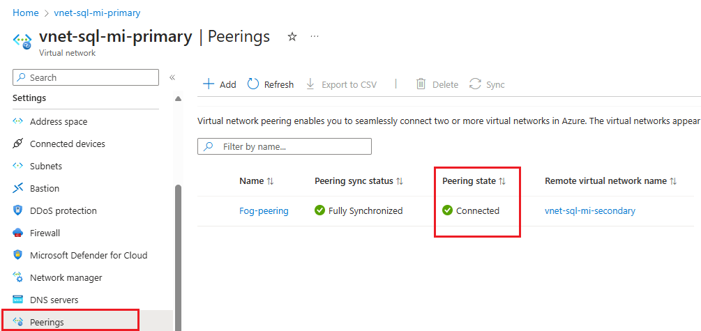 Captura de ecrã do estado de emparelhamento da rede virtual na página de emparelhamento no portal do Azure.