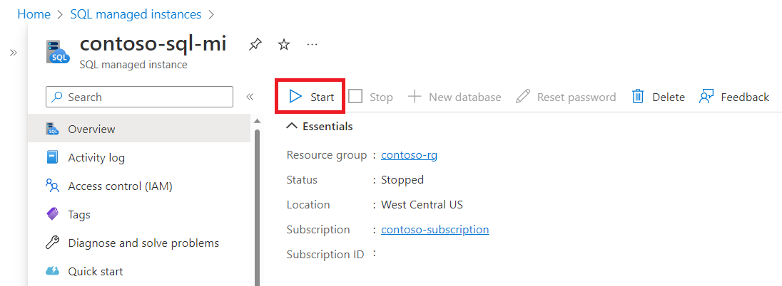 Captura de ecrã da página 'Descrição Geral' da instância gerida SQL no portal do Azure, com o botão 'Iniciar' realçado. 