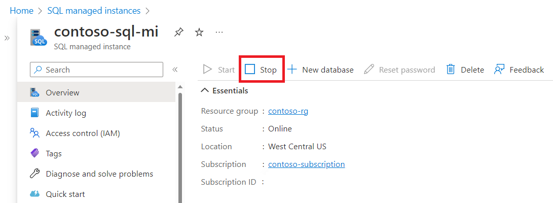 Captura de ecrã da página 'Descrição Geral' da instância gerida SQL no portal do Azure, com o botão 'Parar' realçado. 