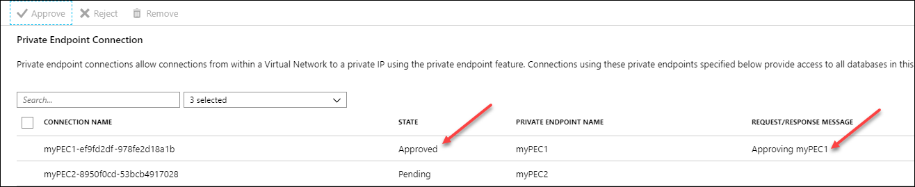 Captura de ecrã do portal do Azure, página de ligações de ponto de extremidade privado mostrando uma ligação pendente e uma aprovada.