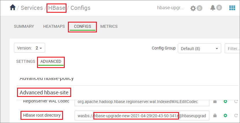 No Ambari, altere o nome do contêiner para o rootdir do HBase.