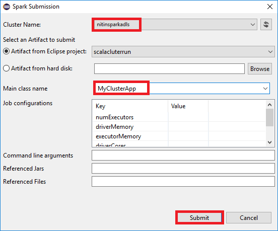 caixa de diálogo de submissão do Apache Spark.