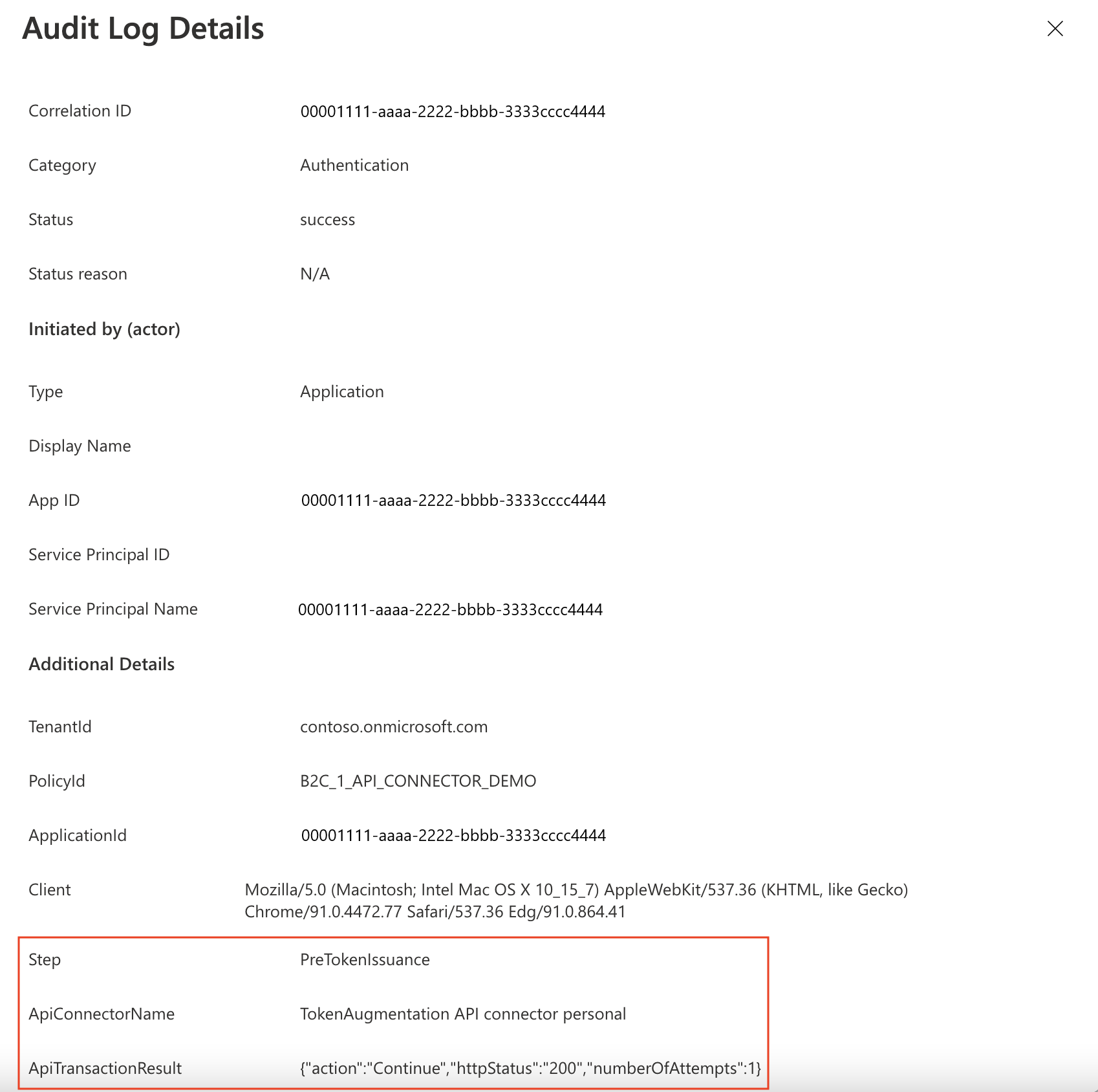 Exemplo de uma transação de conector de API durante a autenticação do usuário