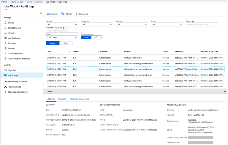 Registo de auditoria de utilizador individual apresentado no portal do Azure.