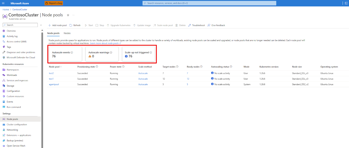 Captura de tela da página do portal do Azure para os pools de nós de um cluster. A seção que exibe eventos de dimensionamento automático, aviso e escalonamentos não acionados é realçada.