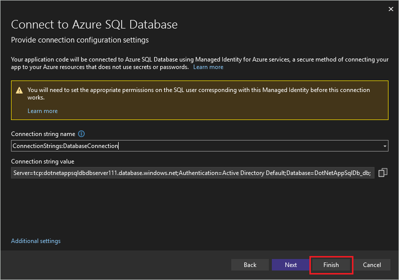 Captura de ecrã com mensagem sobre configurar a identidade gerida para o funcionamento da ligação.