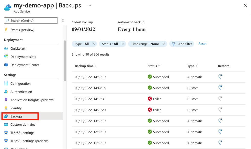 Captura de tela que mostra como abrir a página de backups.