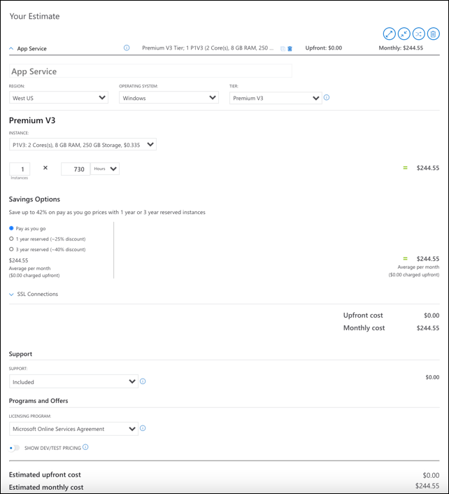 Exemplo que mostra o custo estimado na Calculadora de preços do Azure