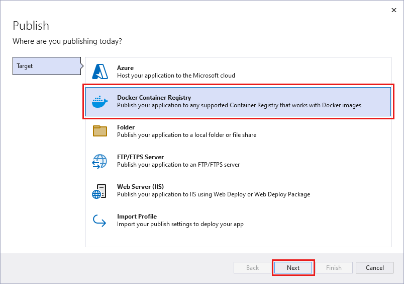 Captura de ecrã que mostra o ecrã Selecionar Registo de Contêiner Docker.
