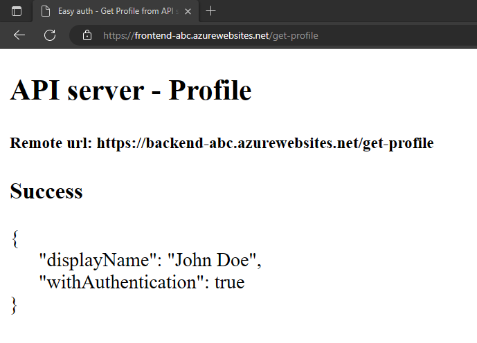 Captura de tela do navegador da Web mostrando o aplicativo front-end depois de obter com sucesso o perfil falso do aplicativo back-end.