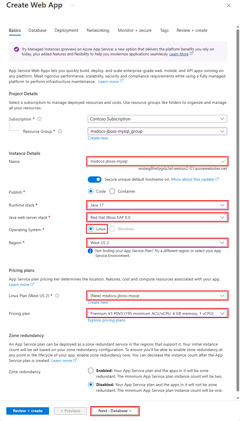 Uma captura de tela mostrando como configurar um novo aplicativo e banco de dados no assistente de Aplicativo Web.