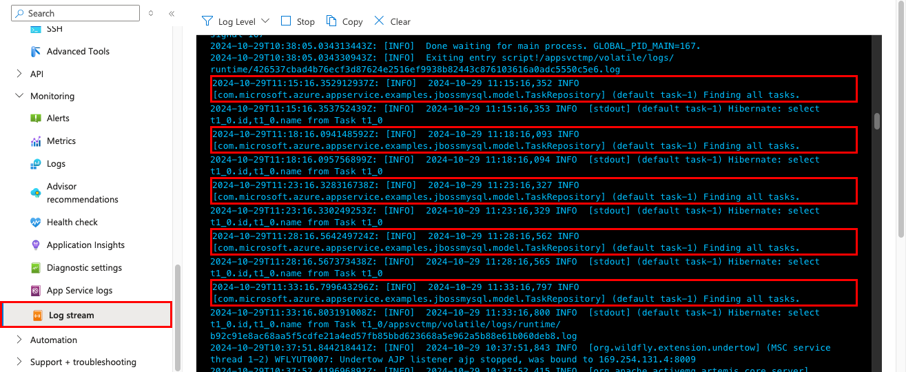Uma captura de tela mostrando como exibir o fluxo de log no portal do Azure.