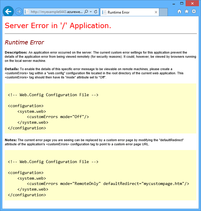 Captura de tela mostrando um erro do servidor no erro do aplicativo '/' em um navegador da Web.
